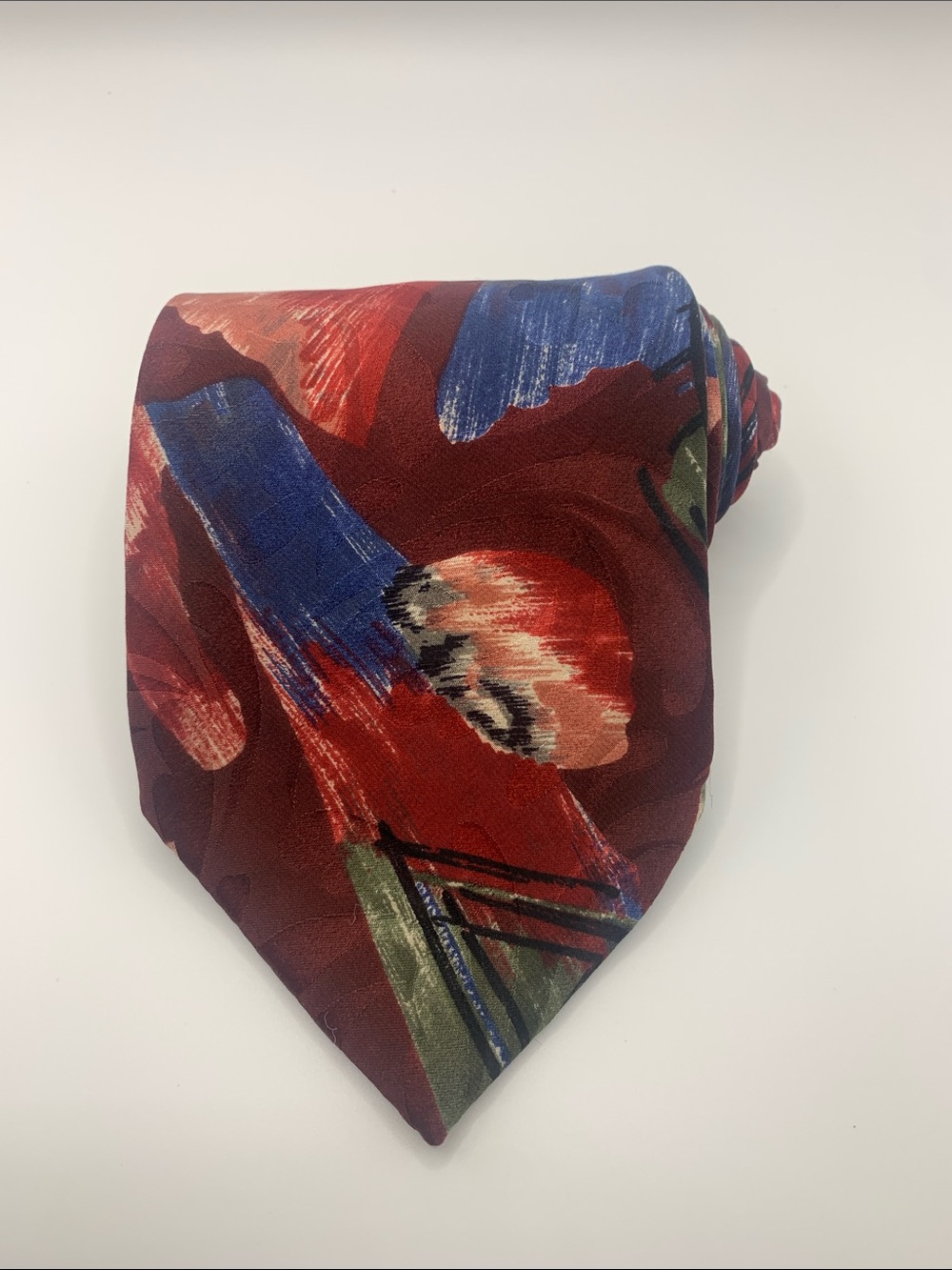 Men's Painterly Floral Burgundy Tie with Blue and Green Accents
